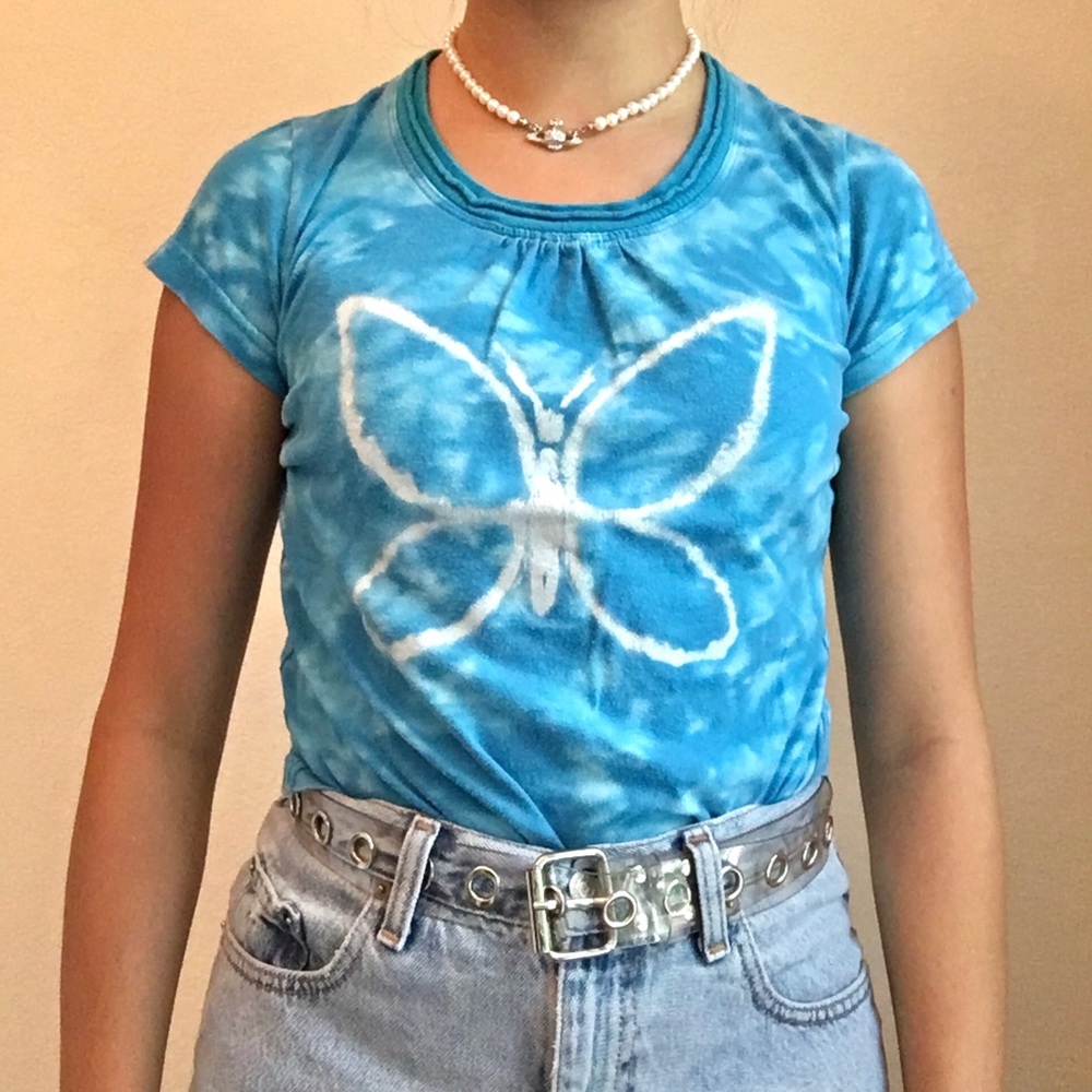 Y2K tie dye blue butterfly top
